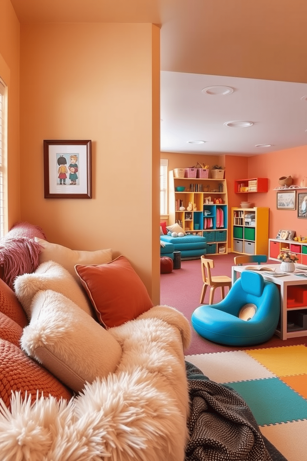 A cozy corner filled with plush cushions and soft blankets, inviting relaxation and comfort. The space features a warm color palette with a mix of textures, creating an inviting atmosphere for reading or lounging. A vibrant kids' playroom designed with colorful furniture and playful decor. The room includes a variety of activity zones, such as a reading nook, art station, and an interactive play area with soft mats and storage for toys.