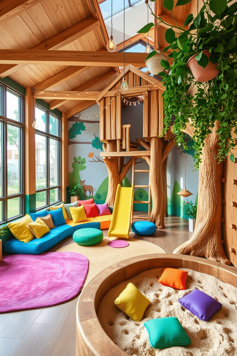 A whimsical playroom designed to evoke the feeling of an outdoor adventure, featuring a treehouse-inspired structure with wooden beams and a slide. Brightly colored cushions and soft rugs create a cozy seating area, while large windows let in natural light and provide views of playful murals depicting forests and wildlife. The space includes interactive elements like a climbing wall and a sandbox area filled with soft, textured materials. Hanging fairy lights and potted plants add a touch of nature, creating an inviting atmosphere for imaginative play and exploration.