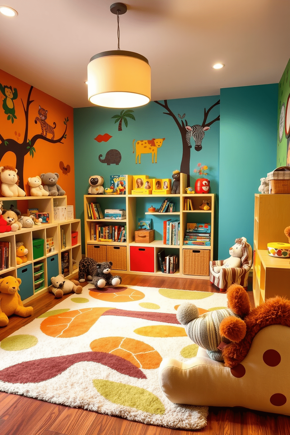 A vibrant kids' playroom filled with animal-themed decor. The walls are painted in bright colors, adorned with playful animal murals and plush toys scattered throughout the space. A large, soft area rug features a jungle print, providing a cozy spot for children to play. Shelves are filled with books and games, while whimsical animal-shaped furniture adds to the fun atmosphere.