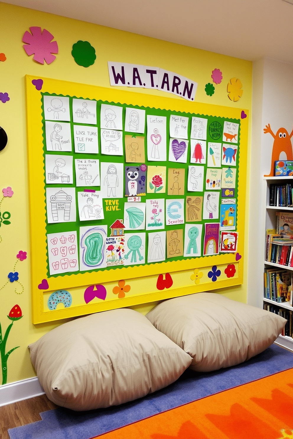 A vibrant and imaginative bulletin board filled with colorful children's artwork, showcasing various drawings, paintings, and crafts. The board is framed in bright yellow, with playful shapes and patterns that invite creativity and joy. The playroom features a cozy reading nook with oversized cushions and a whimsical bookshelf filled with colorful storybooks. Brightly colored rugs and playful wall decals create an engaging environment where kids can explore and express their creativity.