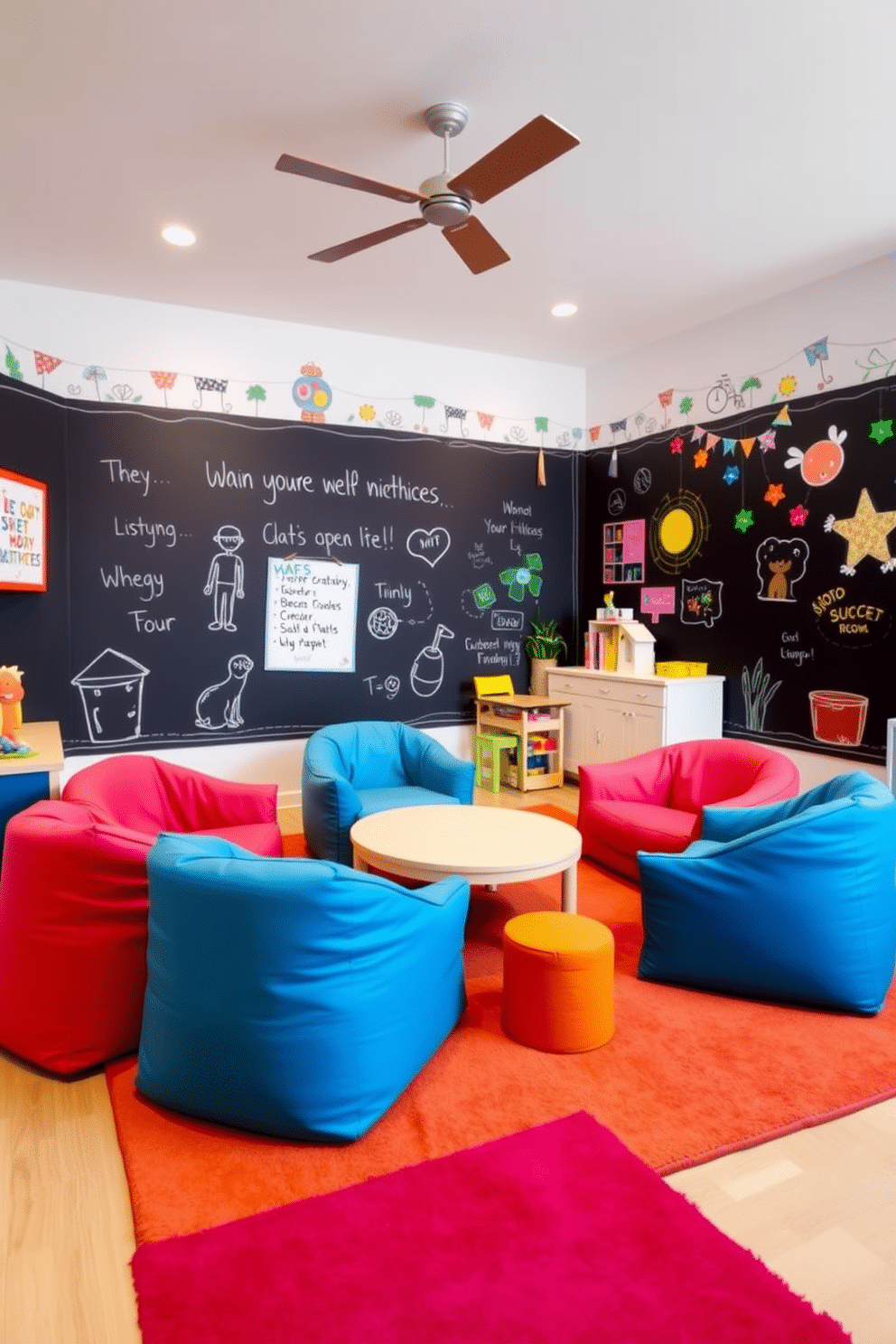 A vibrant kids' playroom features an interactive chalkboard wall that invites creativity and self-expression. Colorful furniture, including bean bags and a low table, is arranged to encourage play and collaboration. The room is adorned with playful artwork and whimsical decorations that stimulate imagination. Soft, durable rugs in bright colors cover the floor, providing a comfortable area for children to sit and play.