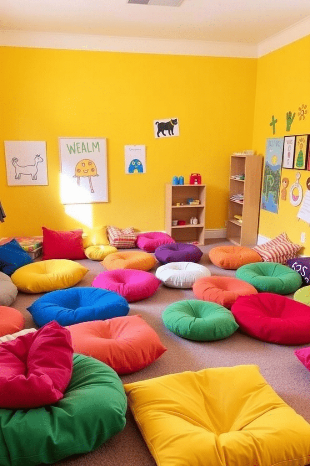 A vibrant kids' playroom filled with colorful floor cushions in various shapes and sizes, providing flexible seating options for playtime and relaxation. The walls are painted in a cheerful, sunny yellow, and playful artwork adorns the space, creating an inviting atmosphere for creativity and fun.