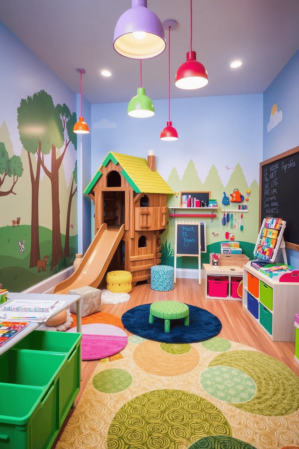 A vibrant play zone designed for imaginative play features a whimsical treehouse structure in the corner, complete with a slide and climbing wall. The walls are adorned with colorful murals of forest scenes, and soft, plush rugs cover the floor for a cozy, inviting atmosphere. A dedicated art corner showcases an easel, a variety of art supplies, and a chalkboard wall for creative expression. Brightly colored storage bins neatly organize toys and craft materials, while playful pendant lights illuminate the space with a warm glow.