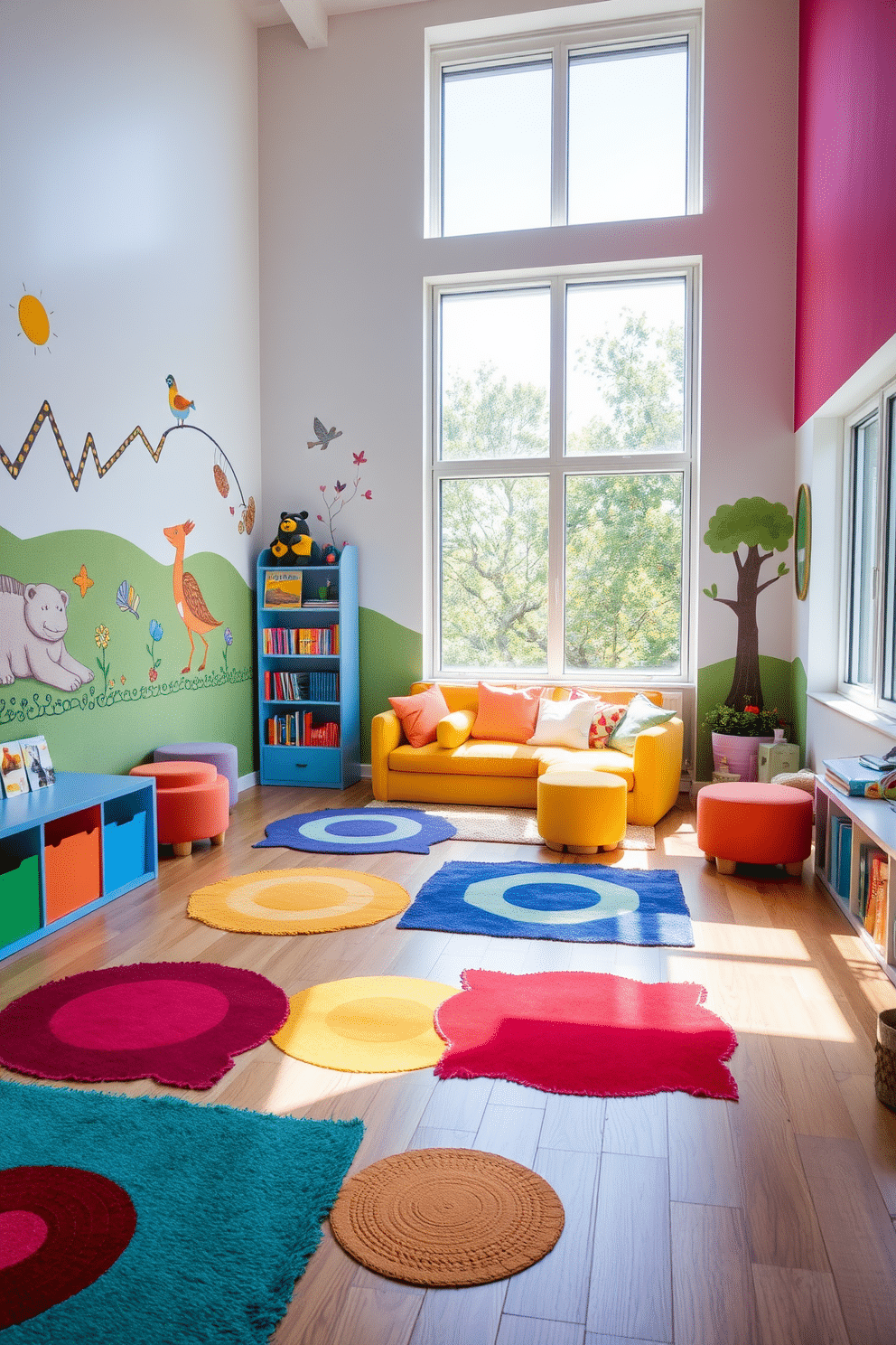 Brightly colored rugs are scattered across the floor, adding a playful touch and comfort to the space. The walls are adorned with whimsical murals, and vibrant furniture pieces create an inviting atmosphere for children to play and explore. In one corner, a cozy reading nook is set up with oversized cushions and a small bookshelf filled with colorful storybooks. The room is filled with natural light from large windows, and playful storage solutions keep toys organized and easily accessible.