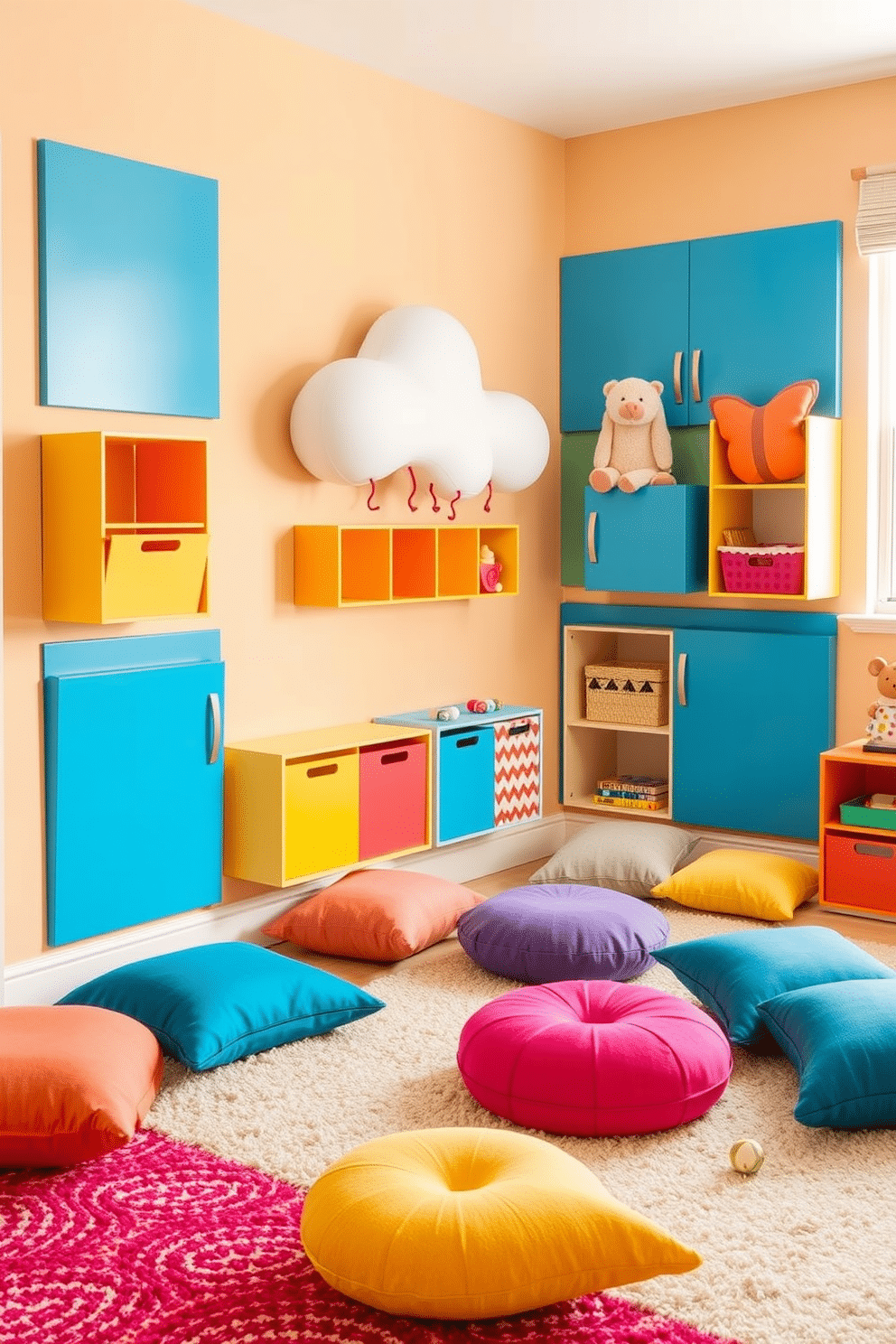 A vibrant kids' playroom featuring innovative storage solutions that blend functionality with playful aesthetics. Brightly colored bins and shelves in whimsical shapes are strategically placed to encourage organization while adding a fun element to the space. The playroom is filled with soft, textured rugs and cushions in various colors, creating a cozy area for play and creativity. Wall-mounted storage units shaped like clouds and animals provide both storage and visual interest, making the room an engaging environment for children.