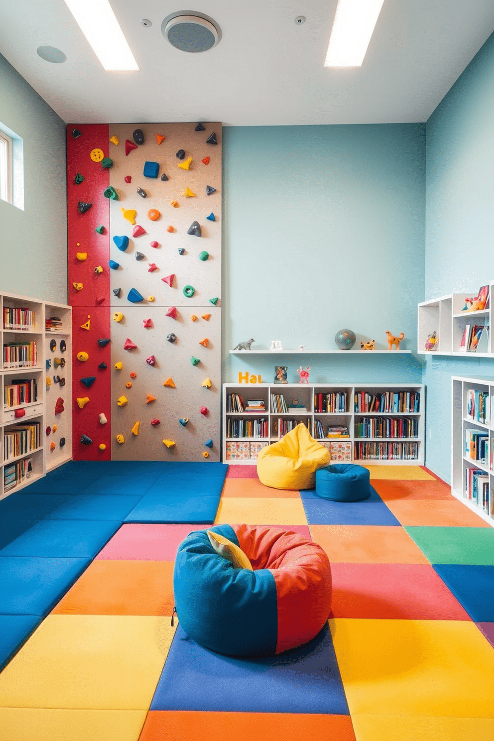 A vibrant kids' playroom designed for adventure, featuring a colorful climbing wall that stretches across one side of the room. The climbing wall is adorned with various holds in fun shapes and colors, encouraging active play and exploration. The playroom is filled with soft, cushioned flooring in bright hues, providing a safe landing area. In addition to the climbing wall, there are cozy reading nooks with bean bags and shelves filled with books, creating a balance of activity and relaxation.