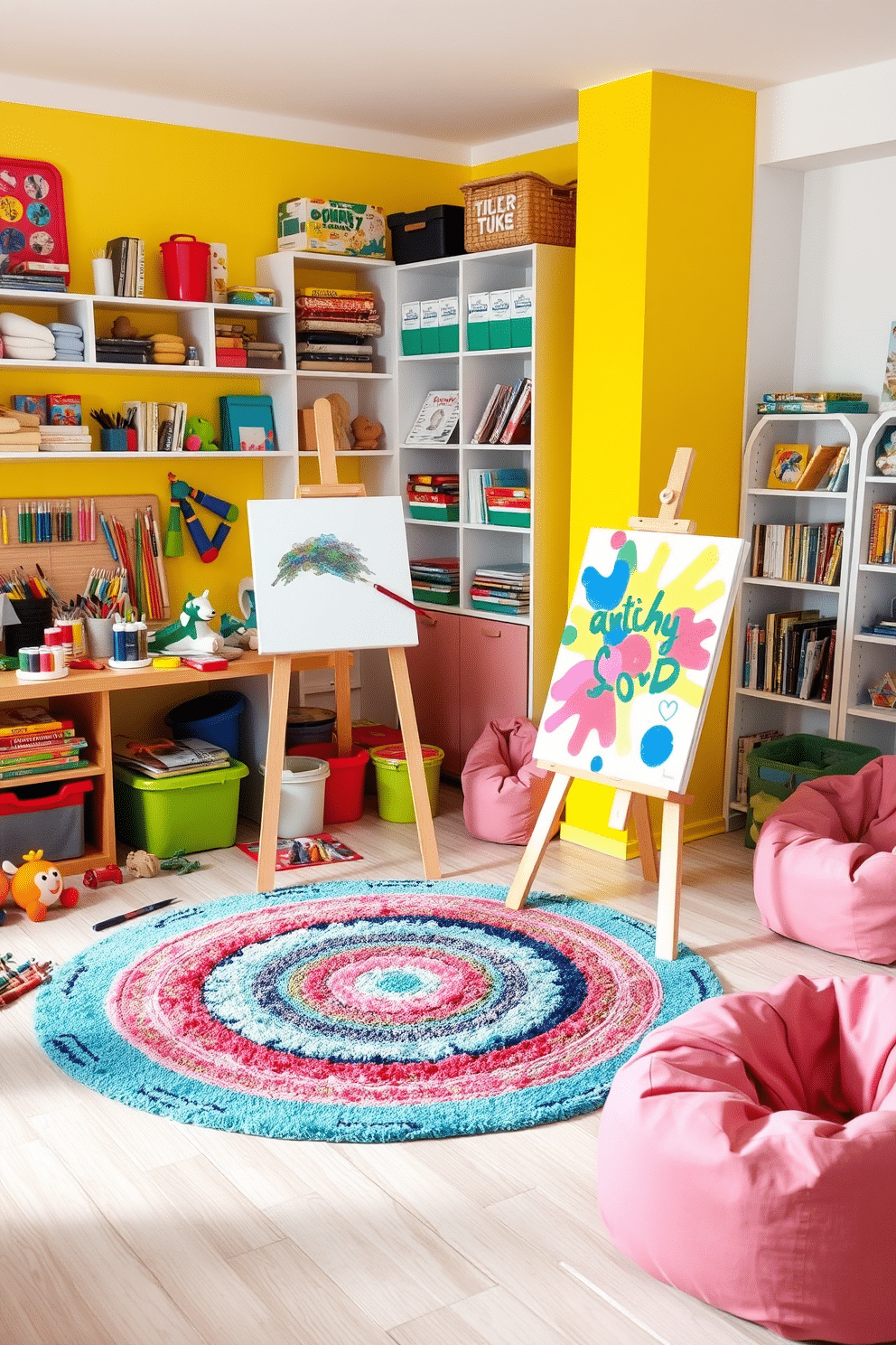 A vibrant art station filled with colorful supplies, including paints, brushes, and sketchbooks, is set against a bright, cheerful wall. Two easels stand side by side, one displaying a partially finished canvas, while the other is adorned with a colorful abstract painting. A playful kids' playroom features a soft, multicolored rug in the center, surrounded by various toys and games. The walls are painted in a light pastel shade, and a cozy reading nook with bean bags and shelves filled with books invites children to explore their imagination.