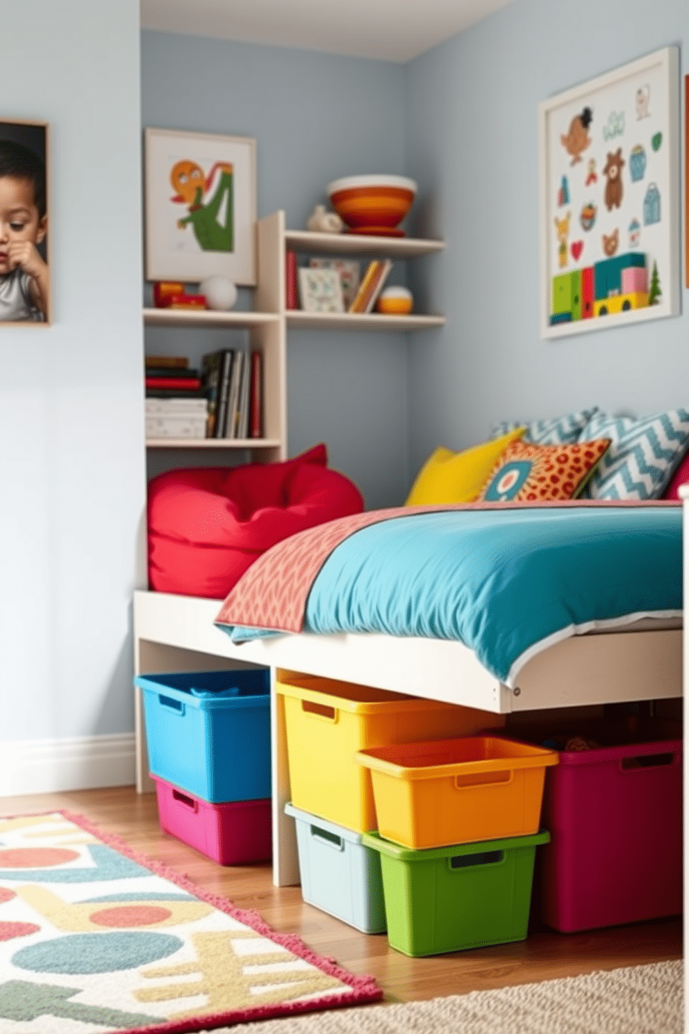 A vibrant kids' playroom featuring colorful under-the-bed storage solutions for toys. The room is filled with playful decor, including a soft, patterned rug and wall art depicting whimsical characters. In one corner, a cozy reading nook is created with bean bags and shelves filled with books. Brightly colored bins and baskets are neatly organized under the bed, making it easy for children to access their toys while keeping the space tidy.