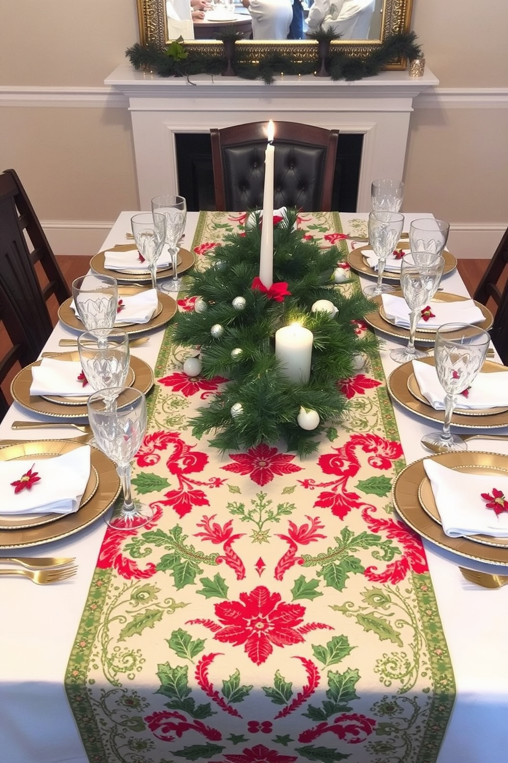 A beautifully decorated dining table for Christmas, featuring a festive table runner adorned with red and green patterns. Surrounding the table are elegant place settings with gold cutlery and crystal glassware, complemented by a centerpiece of pine branches and candles.