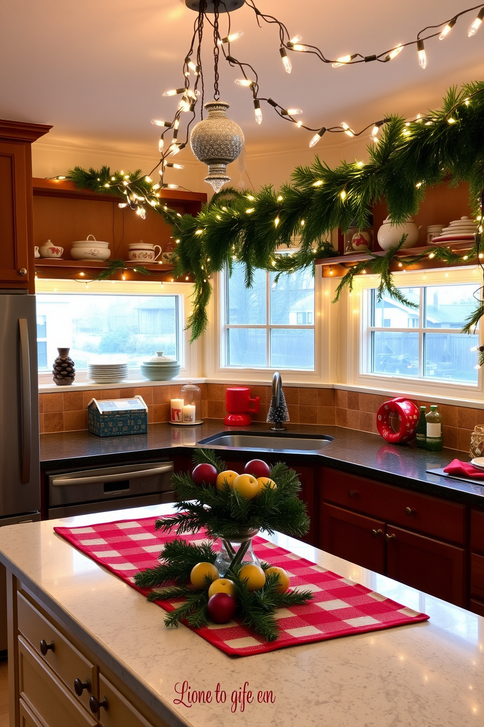 A cozy kitchen adorned for Christmas, featuring open shelves draped with warm string lights that create a festive glow. The shelves are decorated with holiday-themed dishware, pinecones, and small evergreen branches, adding a touch of nature to the cheerful ambiance. On the countertop, a vibrant red and white table runner complements a centerpiece of fresh greenery and seasonal fruits. Hanging above, a garland of twinkling lights and ornaments cascades from the ceiling, enhancing the kitchen's holiday charm.