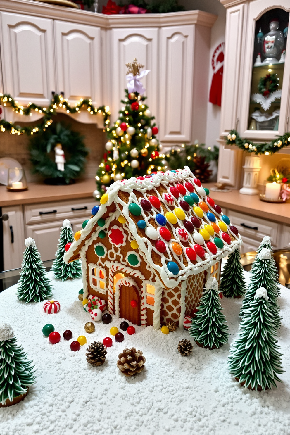 A whimsical gingerbread house display featuring intricate icing details and colorful candy decorations. The house is surrounded by a dusting of powdered sugar to mimic freshly fallen snow, with miniature trees and festive ornaments adding to the holiday charm. A cozy kitchen adorned with Christmas decorations, showcasing a beautifully decorated tree in the corner and garlands draped along the cabinets. Festive dishware and a centerpiece of pinecones and candles create a warm, inviting atmosphere perfect for holiday gatherings.