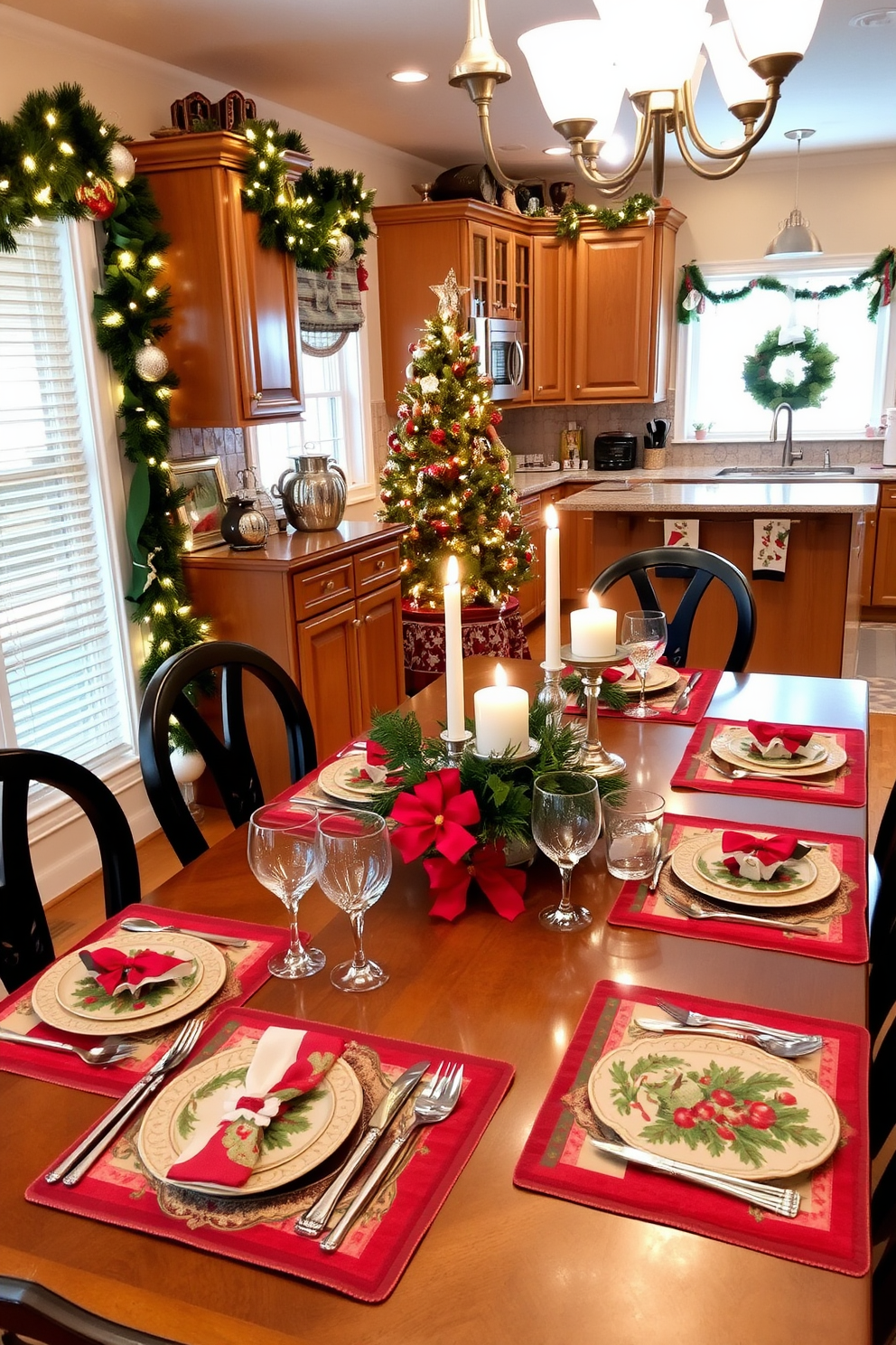 A festive dining room setting adorned with vibrant, holiday-themed placemats featuring classic Christmas motifs. The table is elegantly set with fine china, sparkling glassware, and a centerpiece of seasonal greenery and candles, creating a warm and inviting atmosphere. In the kitchen, a cheerful display of Christmas decorations brightens the space, with garlands draped along the countertops and twinkling lights strung above the cabinets. A cozy nook features a small tree decorated with ornaments, while festive dish towels and themed cookware add to the holiday charm.