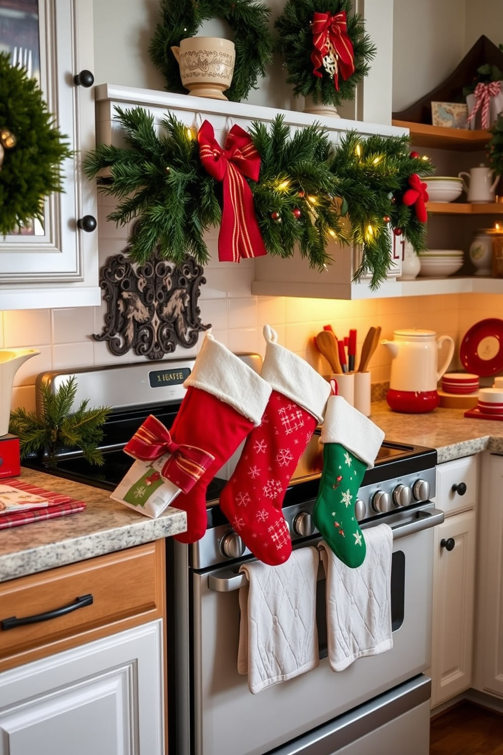 A cozy kitchen adorned for Christmas with stockings hanging from the oven handle, each one uniquely designed in festive colors. The countertops are decorated with a charming arrangement of evergreen branches, twinkling fairy lights, and a collection of holiday-themed kitchenware.