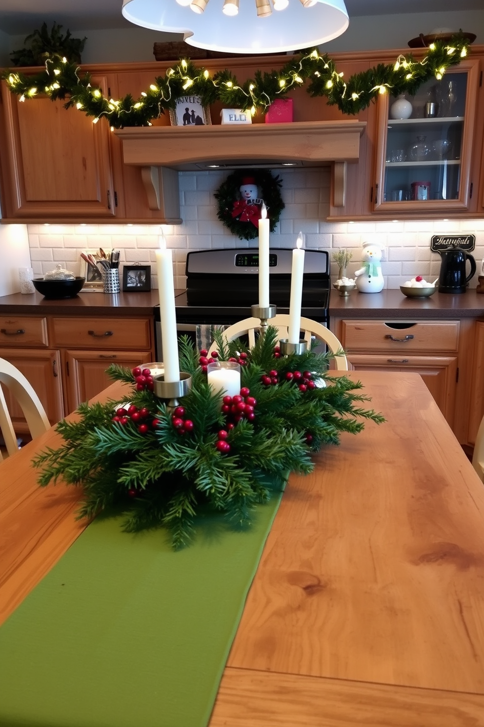 A cozy kitchen adorned for the holidays features a rustic wooden dining table at the center, dressed with a lush green table runner. Atop the table, a Christmas-themed centerpiece showcases an arrangement of pine branches, red berries, and white candles nestled in decorative holders. The kitchen cabinets are adorned with festive garlands and twinkling fairy lights, creating a warm and inviting atmosphere. On the countertops, a few carefully placed holiday-themed decor items, such as a snowman figurine and a bowl of ornaments, add to the cheerful ambiance.