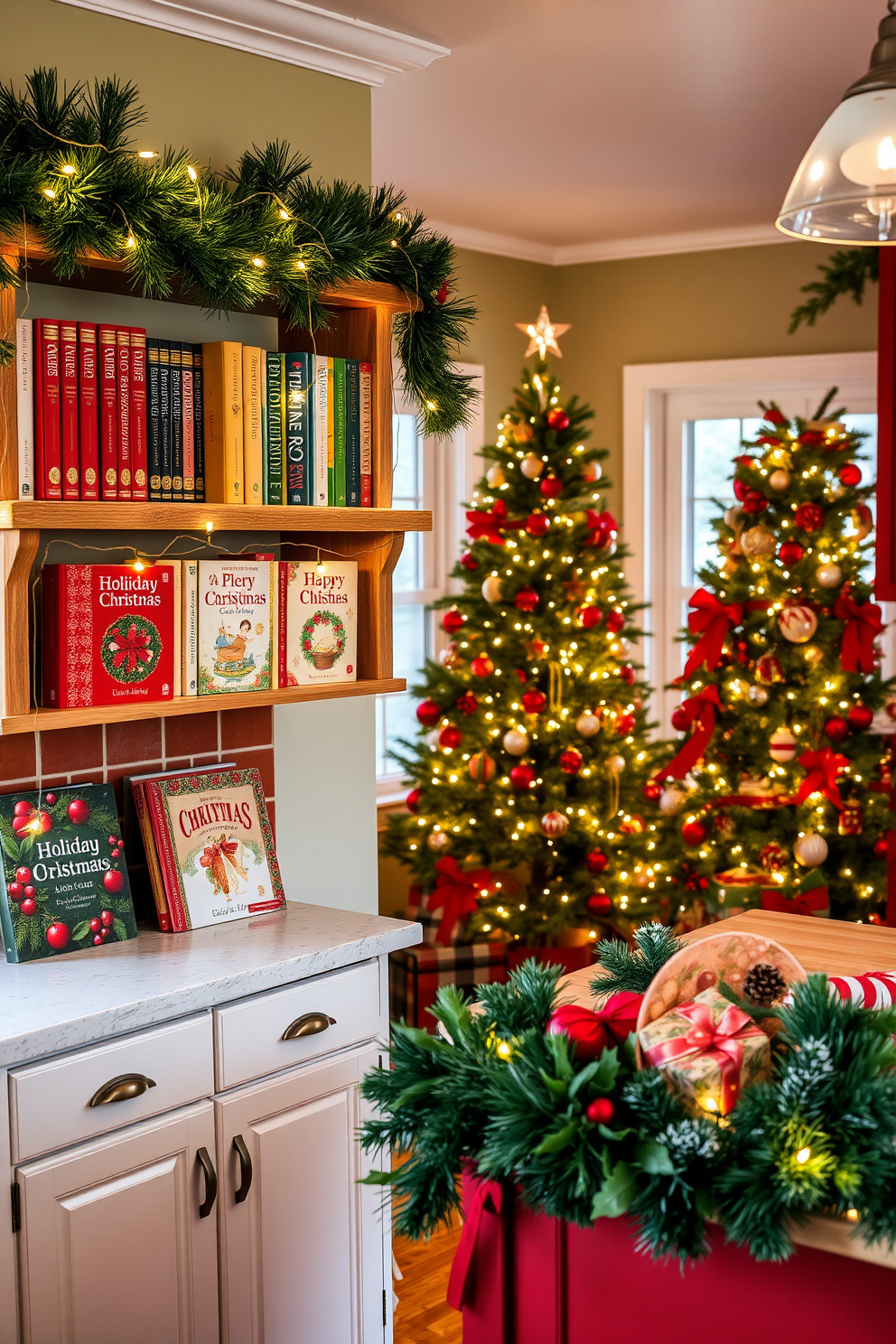 A cozy kitchen nook adorned with holiday-themed cookbooks displayed on a rustic wooden shelf. The cookbooks are arranged by color, with twinkling fairy lights draped around them, creating a warm festive glow. The kitchen is decorated with classic Christmas elements, including a vibrant red and green color scheme. A beautifully adorned Christmas tree stands in the corner, and garlands of pine and holly are draped along the countertops, enhancing the holiday spirit.