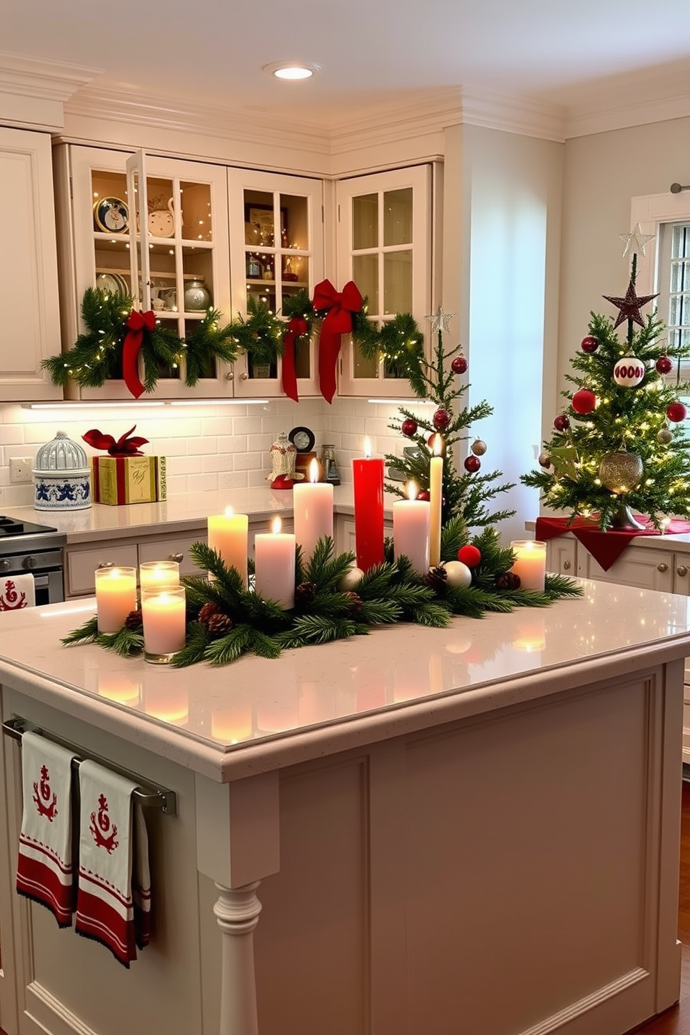 A festive kitchen adorned for the holidays features a charming candle arrangement on the center island, showcasing an array of seasonal candles in varying heights and colors, surrounded by fresh greenery and pinecones. The cabinets are decorated with twinkling fairy lights, and a beautiful garland drapes across the countertop, adding warmth and cheer to the space. The kitchen is further enhanced with red and gold accents, including decorative dish towels and a festive table setting. A cozy nook with a small tree adorned with ornaments adds a whimsical touch, inviting family and friends to gather and celebrate the season.