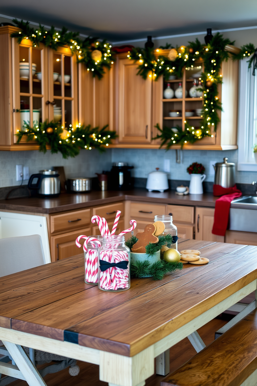 A cozy kitchen adorned for Christmas, featuring a rustic wooden table topped with decorative jars filled with festive treats like candy canes and gingerbread cookies. The cabinets are draped with evergreen garlands and twinkling fairy lights, creating a warm and inviting atmosphere.