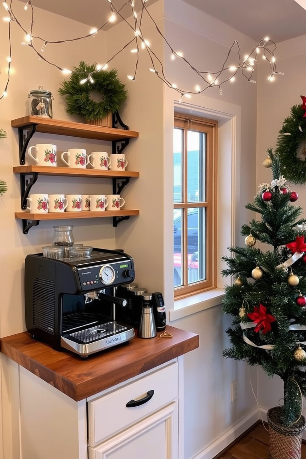 A cozy coffee bar area adorned for the holidays, featuring a rustic wooden countertop with a stylish espresso machine and festive mugs displayed on open shelves. Twinkling fairy lights drape above, while a small Christmas tree stands nearby, decorated with ornaments in red and gold, creating a warm and inviting atmosphere.