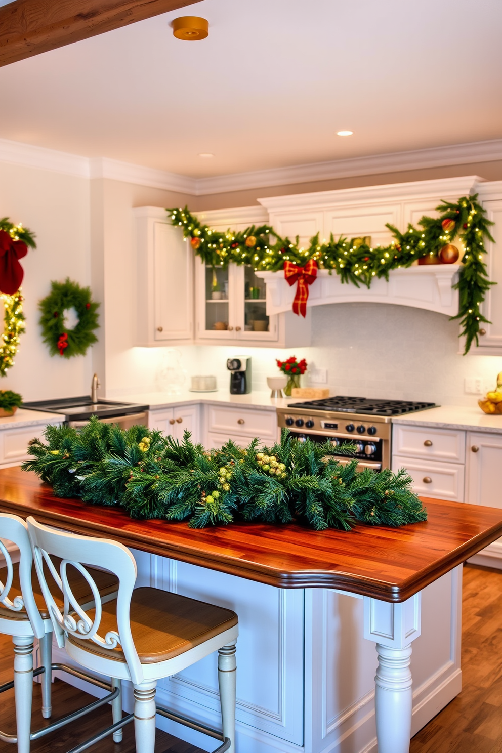 A festive kitchen scene adorned with garlands draped over a spacious kitchen island. The island features a polished wooden surface, complemented by elegant bar stools, and is surrounded by twinkling string lights and seasonal decorations.