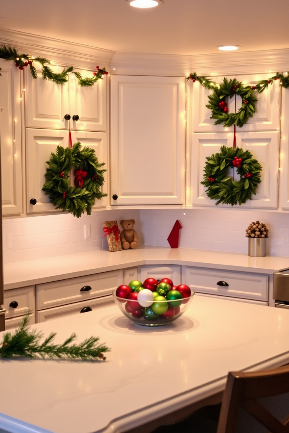 A cozy kitchen adorned for Christmas, featuring wreaths hung on the cabinet doors. The cabinets are painted a classic white, and the wreaths are lush with greenery and red berries, adding a festive touch. A warm, inviting atmosphere is created by string lights draped along the countertops, casting a soft glow. A bowl of colorful ornaments sits in the center of the kitchen island, complementing the holiday decor.