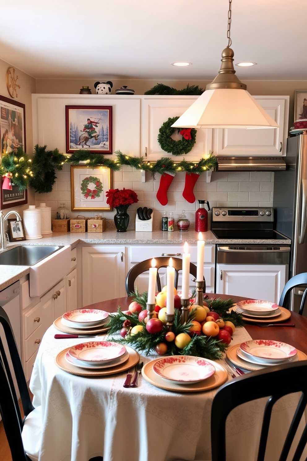 A cozy kitchen adorned with holiday-themed art prints. The walls are decorated with framed prints featuring festive scenes, including snowflakes and holiday wreaths, creating a cheerful atmosphere. The countertops are adorned with seasonal decor, such as a garland of pine and twinkling fairy lights. A beautifully set dining table features a festive centerpiece of candles and seasonal fruits, enhancing the holiday spirit.