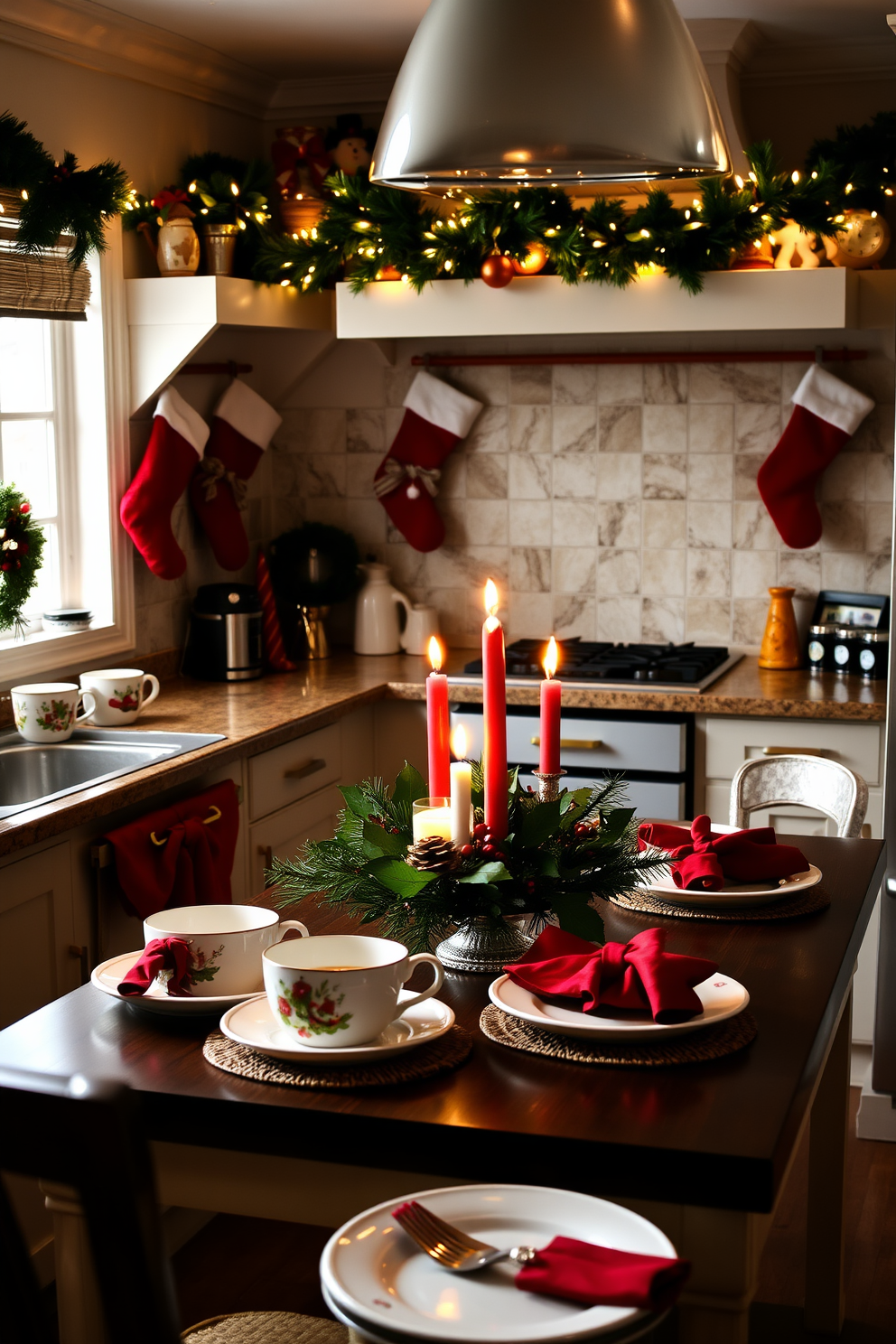 A cozy kitchen scene adorned for Christmas. The countertops are decorated with themed mugs featuring festive designs, filled with steaming hot drinks, while a garland of pine and twinkling fairy lights drapes along the backsplash. On the dining table, a centerpiece of holly and candles adds warmth, surrounded by place settings that include red and green napkins. Stockings hang from the kitchen island, creating a cheerful and inviting atmosphere perfect for holiday gatherings.