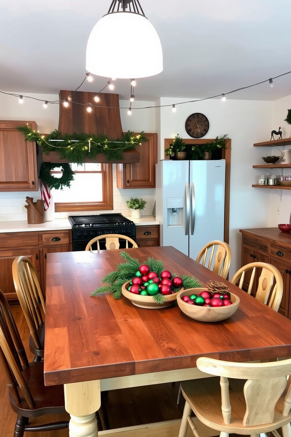 A cozy kitchen adorned with rustic wooden accents. The centerpiece is a large farmhouse table made of reclaimed wood, surrounded by mismatched chairs that add charm and character. String lights hang above, casting a warm glow over the space. Festive decorations include a garland of pine branches draped along the countertop and a collection of red and green ornaments carefully arranged in a wooden bowl.