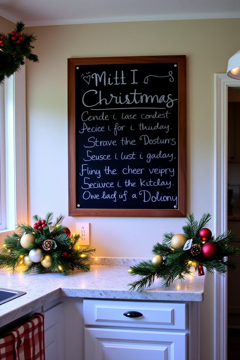 A cozy kitchen adorned for the Christmas season, featuring a large chalkboard mounted on the wall, inviting festive messages and holiday cheer. The countertops are decorated with a mix of fresh pine garlands, twinkling fairy lights, and a collection of colorful ornaments, creating a warm and inviting atmosphere.