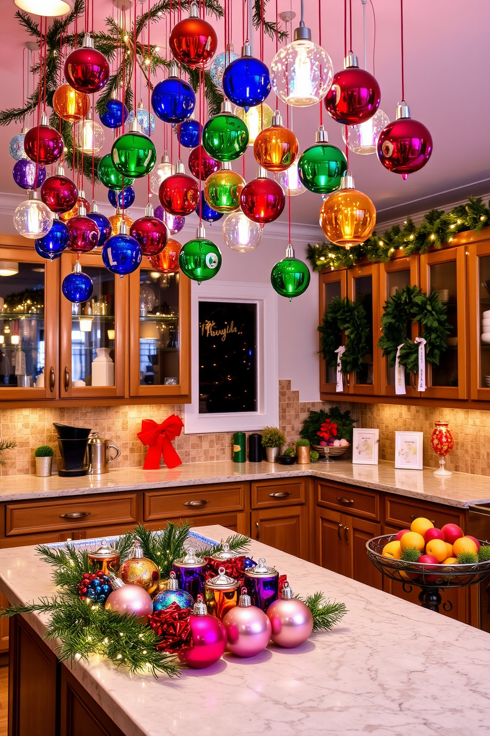 A festive kitchen adorned with colorful glass ornaments hanging from the ceiling, creating a vibrant and cheerful atmosphere. The countertops are decorated with a mix of pine branches and twinkling fairy lights, enhancing the holiday spirit. On the kitchen island, a collection of glass ornaments in various shapes and sizes is artfully arranged alongside a bowl of fresh fruit. The cabinets are adorned with wreaths made of evergreen, adding a touch of nature to the festive decor.