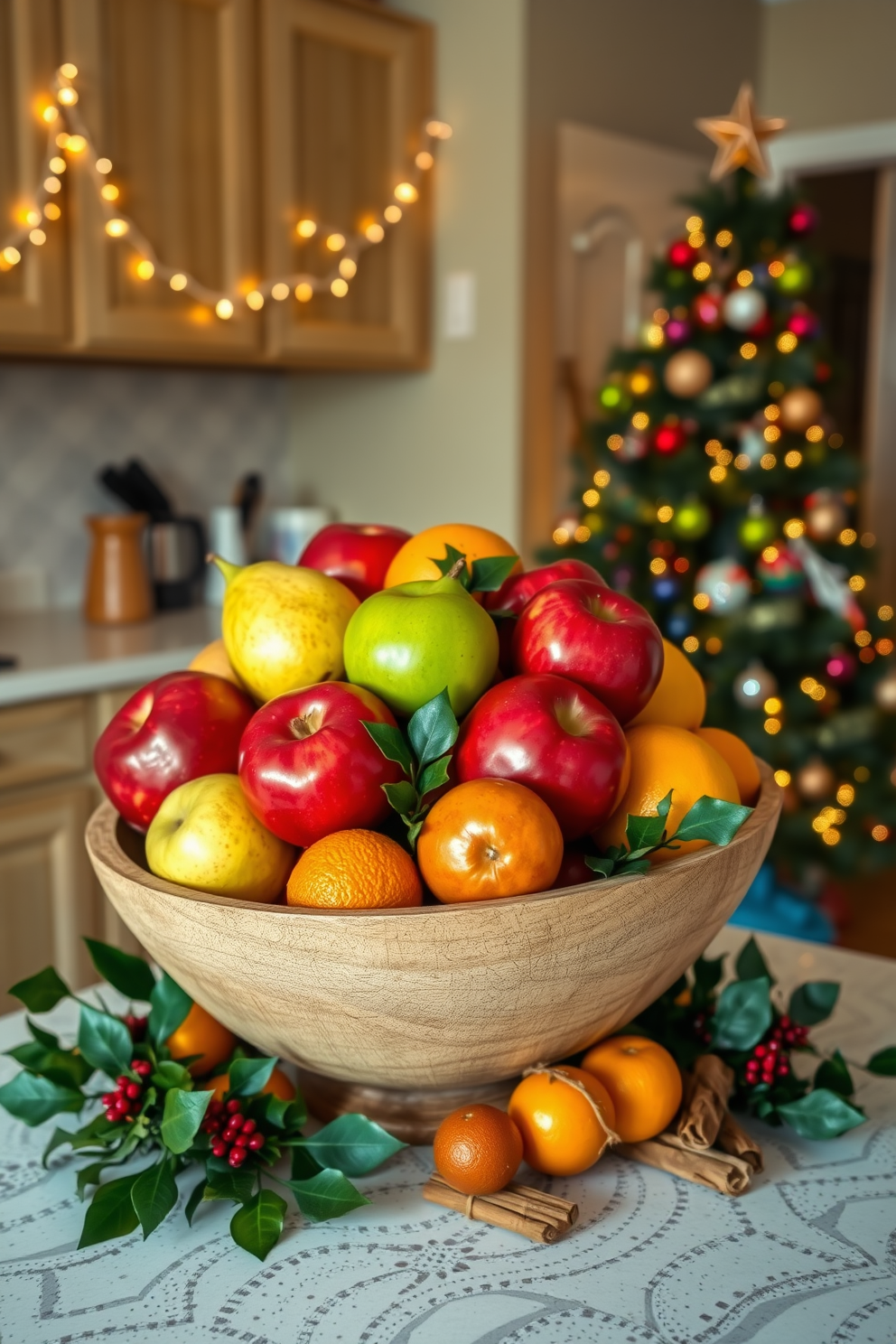 A vibrant fruit bowl display filled with an assortment of seasonal fruits, including bright red apples, green pears, and golden oranges, arranged artfully in a rustic wooden bowl. Surrounding the bowl are sprigs of holly and cinnamon sticks, adding a touch of festive charm to the kitchen countertop. The kitchen is adorned with twinkling fairy lights draped along the cabinets, creating a warm and inviting atmosphere. A beautifully decorated Christmas tree stands in the corner, with colorful ornaments and a star on top, enhancing the holiday spirit in the space.