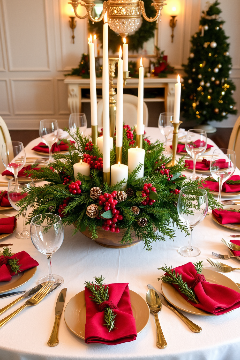 A festive dining table is adorned with a lush holiday centerpiece featuring a mix of evergreen branches, red berries, and pine cones, all arranged in a rustic wooden bowl. Flickering candlelight from elegant candlesticks adds warmth to the scene, while a crisp white tablecloth sets a classic backdrop for the vibrant colors of the decorations. Surrounding the centerpiece, each place setting is carefully arranged with fine china, sparkling glassware, and gold-accented cutlery, enhancing the luxurious feel of the table. Sprigs of rosemary are tied to each napkin, adding a fragrant touch that complements the holiday spirit.