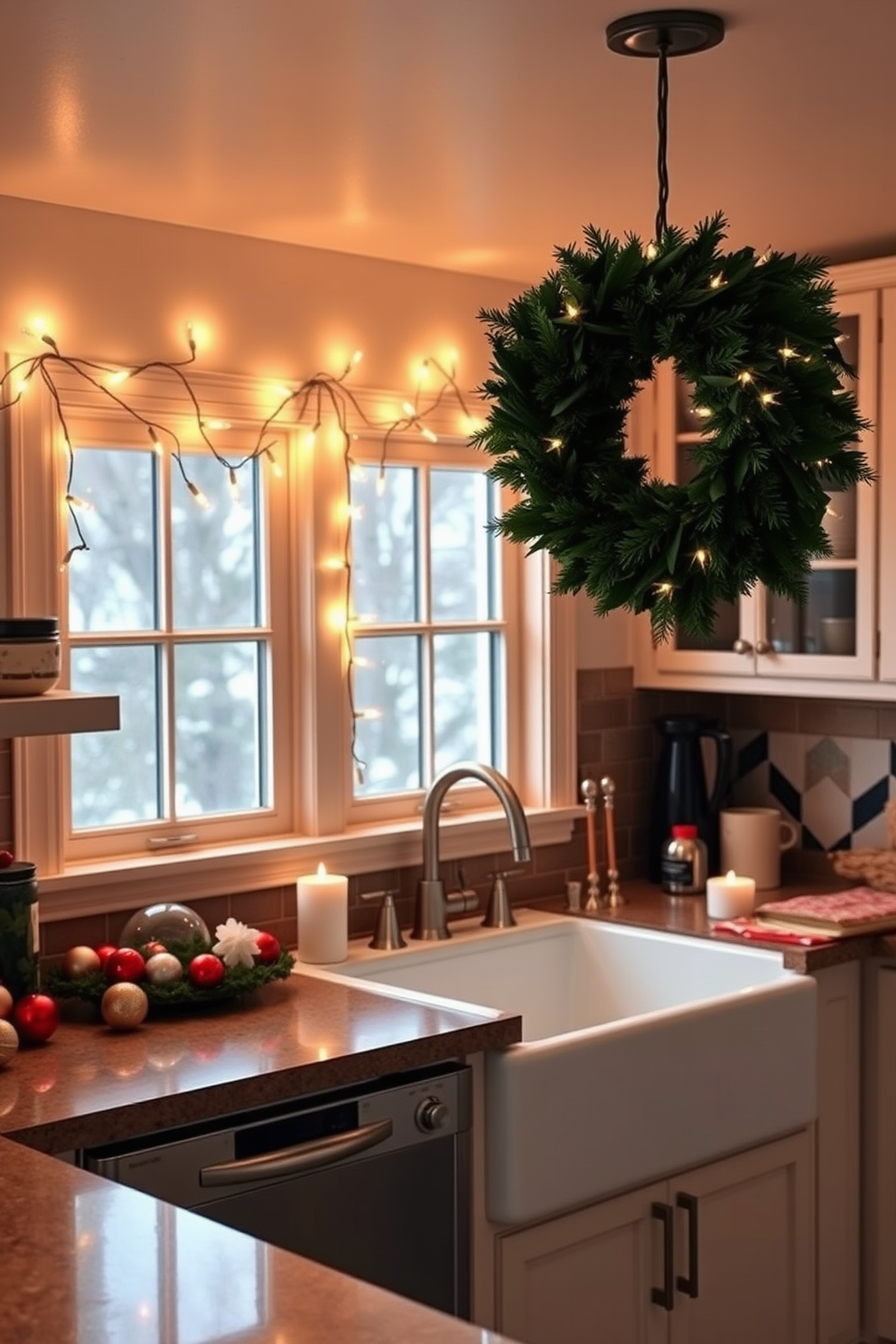 A cozy kitchen adorned for Christmas, featuring warm fairy lights draped around the windows, creating a magical glow. The countertops are decorated with festive ornaments, and a lush green wreath hangs above the sink, adding a touch of holiday cheer.