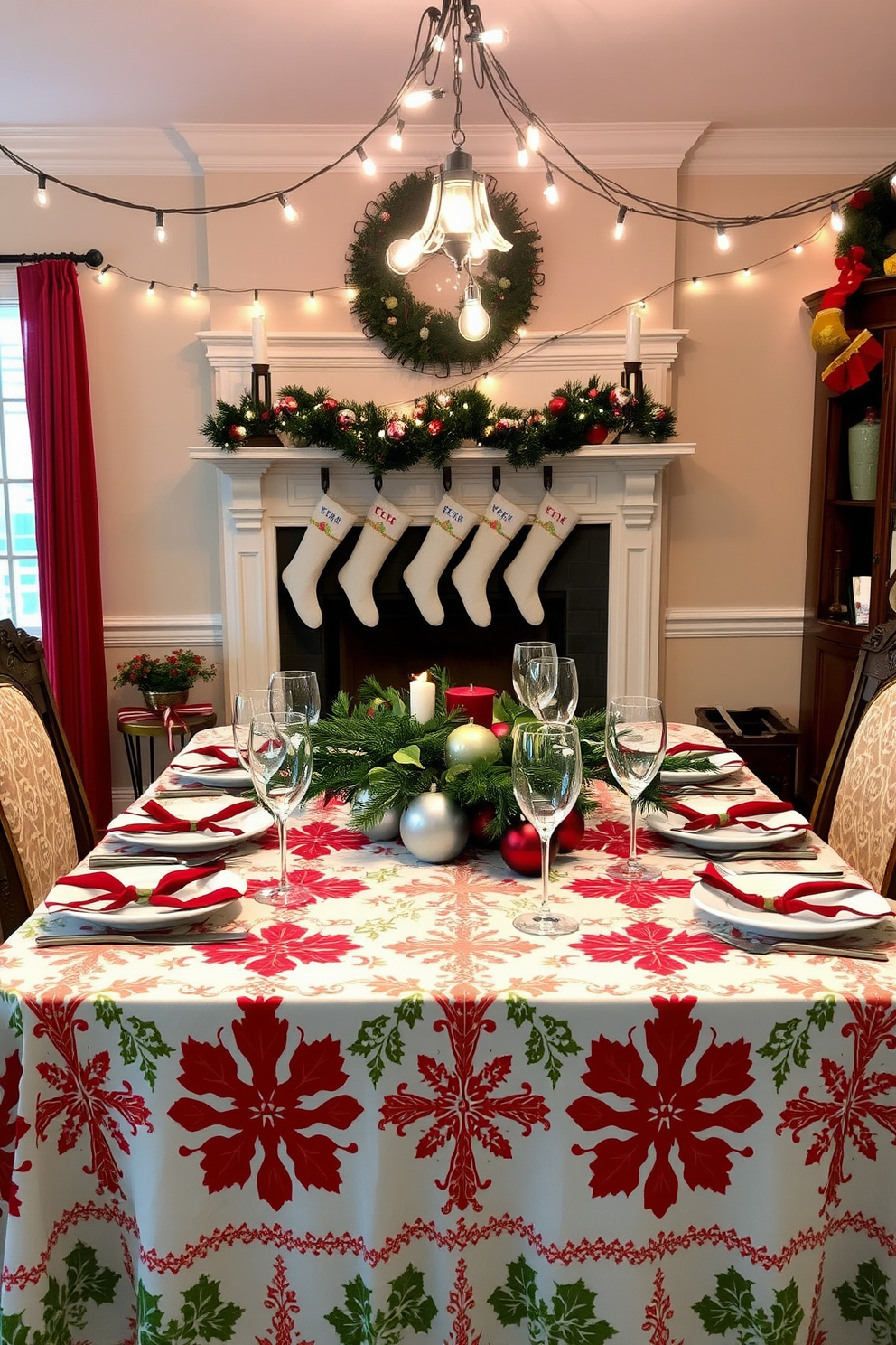 A festive dining room adorned with a holiday-themed tablecloth featuring red and green patterns. The table is set with elegant dinnerware, sparkling glassware, and a centerpiece of pine branches and ornaments. String lights hang above, casting a warm glow throughout the space. A cozy fireplace in the background is decorated with stockings and garlands, enhancing the cheerful atmosphere.