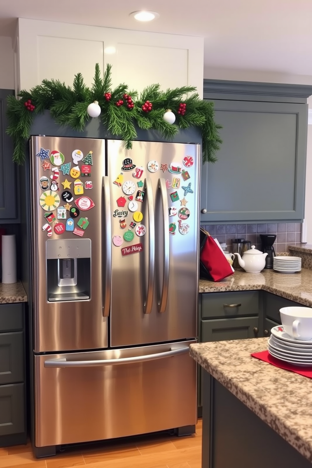 A cheerful kitchen adorned for Christmas, featuring a stainless steel fridge decorated with an array of colorful festive magnets. The countertops are adorned with holiday-themed dishware, and a garland of pine and red berries drapes elegantly along the top of the cabinets.