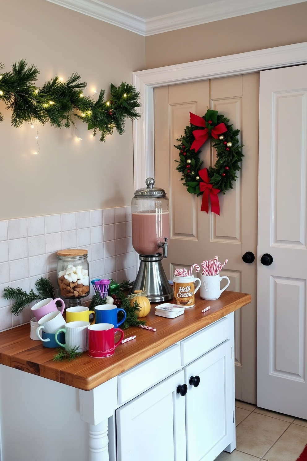 A cozy hot cocoa station is set up in a corner of the kitchen, featuring a rustic wooden table topped with a vintage-style cocoa dispenser. Surrounding the dispenser are an array of colorful mugs, a jar of marshmallows, and a bowl of peppermint sticks, inviting family and friends to create their perfect cup. The kitchen is adorned with festive Christmas decorations, including a garland of pine branches draped across the countertop and twinkling fairy lights strung above. A cheerful display of red and gold ornaments hangs from the cabinets, while a charming wreath made of holly and berries is mounted on the door, adding a warm holiday touch.