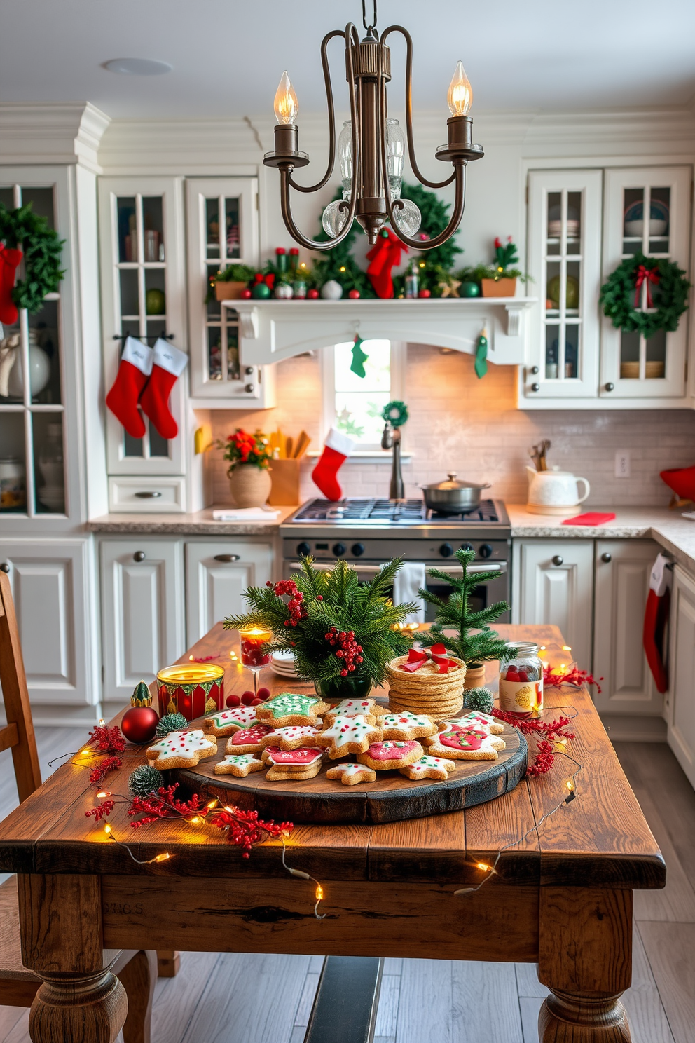 A festive kitchen adorned with holiday spirit. A beautifully arranged collection of holiday cookies is displayed on a rustic wooden table, surrounded by twinkling fairy lights and vibrant red and green decorations. The kitchen features a charming mix of traditional and modern elements. Stockings hang from the cabinets, and a warm, inviting color palette of reds, greens, and golds creates a cozy atmosphere perfect for the season.