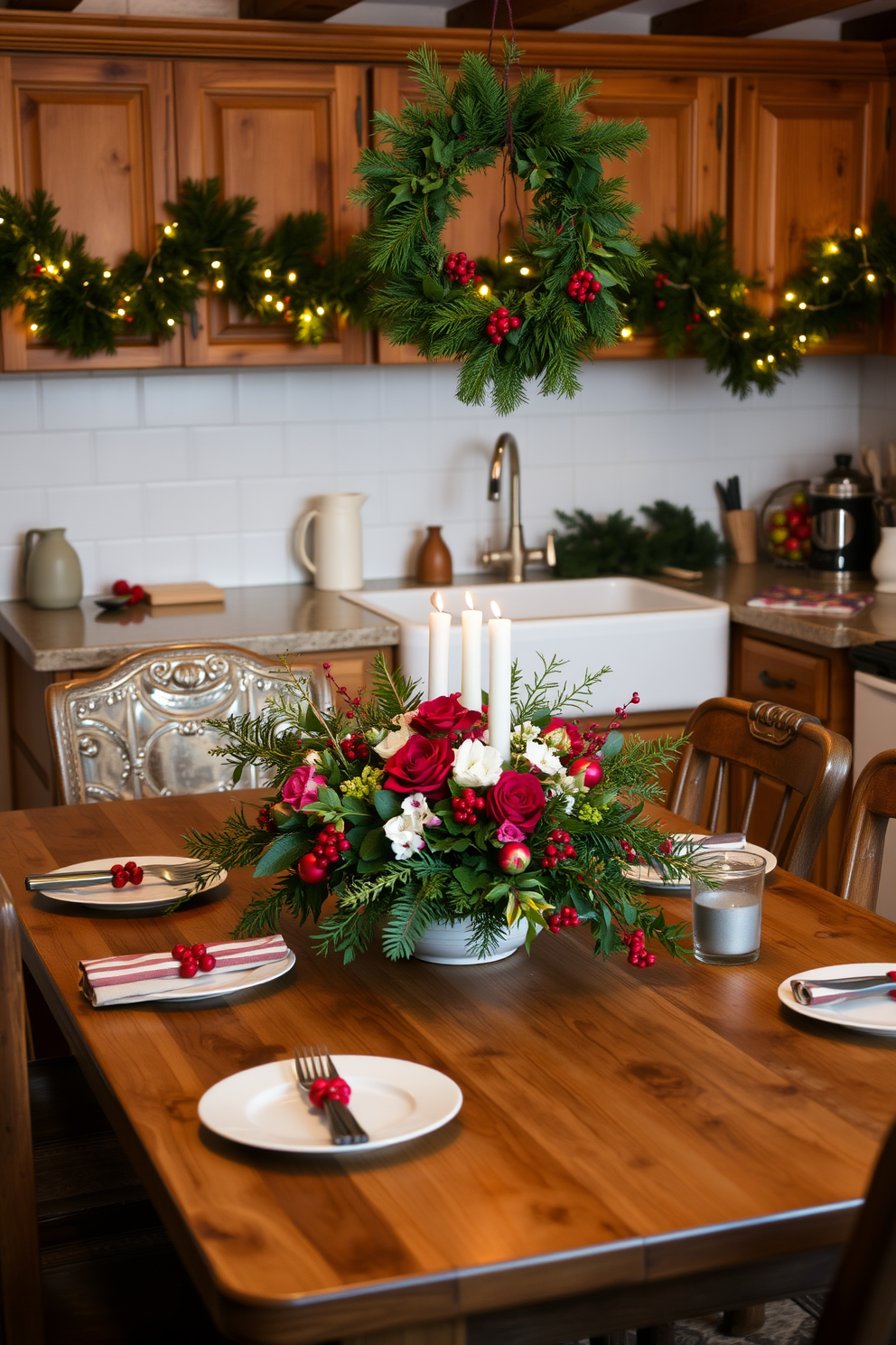 A cozy kitchen adorned for Christmas features a rustic wooden dining table set for a festive meal. Centered on the table is a vibrant arrangement of seasonal flowers and greens, complemented by twinkling fairy lights and candles. The kitchen cabinets are decorated with garlands of evergreen, interspersed with red berries and small ornaments. Above the sink, a wreath made of fresh pine and holly hangs, adding a touch of holiday cheer to the space.