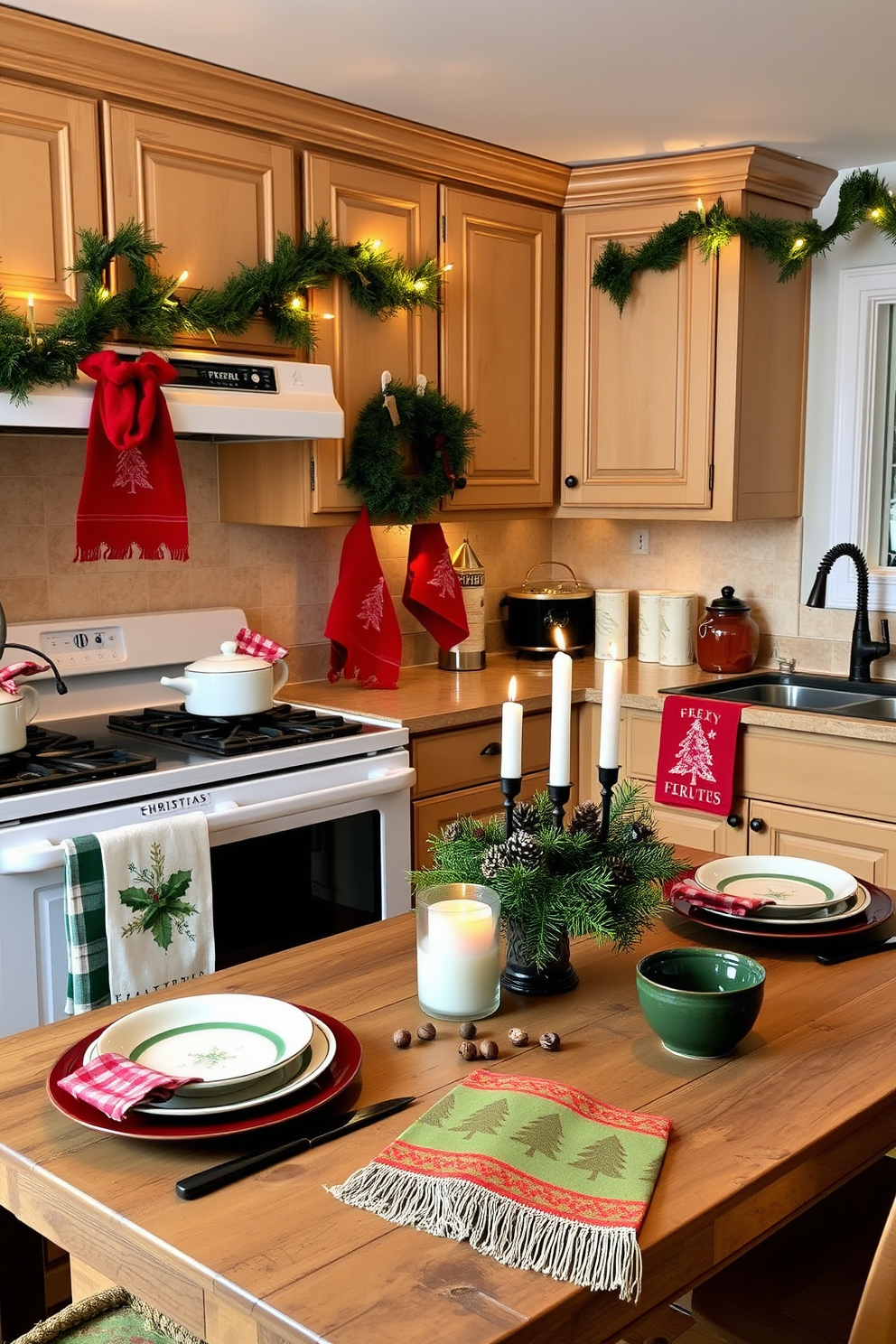 A cozy kitchen adorned for the holidays features a rustic wooden table set with festive tableware. Brightly colored holiday-themed dish towels hang from the oven and sink, adding a cheerful touch to the space. The cabinets are decorated with evergreen garlands and twinkling string lights, creating a warm and inviting atmosphere. A centerpiece of pinecones and candles sits on the table, while holiday-themed dish towels in red and green add a pop of color.