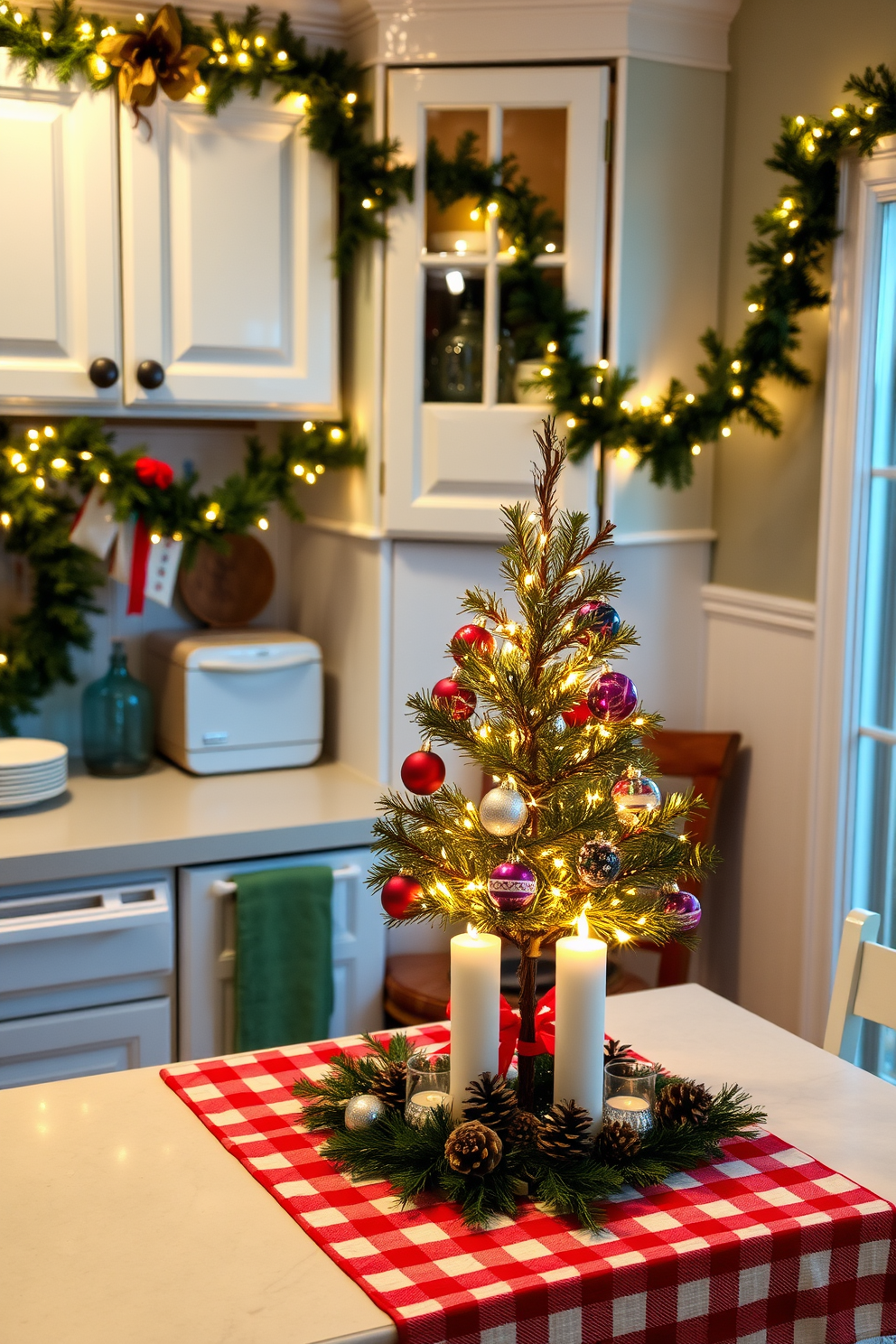 A charming kitchen adorned for the holidays features a mini Christmas tree placed on the countertop, decorated with twinkling lights and colorful ornaments. Surrounding the tree are festive kitchen accessories, including a red and white checked tablecloth and seasonal dishware, creating a warm and inviting atmosphere. The cabinets are adorned with garlands of evergreen and twinkling fairy lights, enhancing the festive spirit. A cozy nook is set up with a holiday-themed centerpiece, featuring candles and pinecones, perfect for gathering with family and friends.