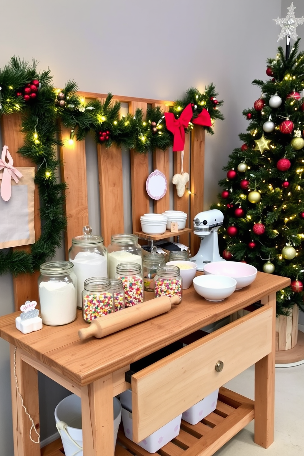 A charming baking station display features a rustic wooden table adorned with various baking essentials. Flour, sugar, and colorful sprinkles are neatly arranged in glass jars, while a rolling pin and mixing bowls add a touch of functionality. The backdrop is decorated with festive Christmas garlands and twinkling fairy lights, creating a warm and inviting atmosphere. A beautifully decorated Christmas tree stands nearby, with ornaments that match the color scheme of the baking station, enhancing the holiday spirit.