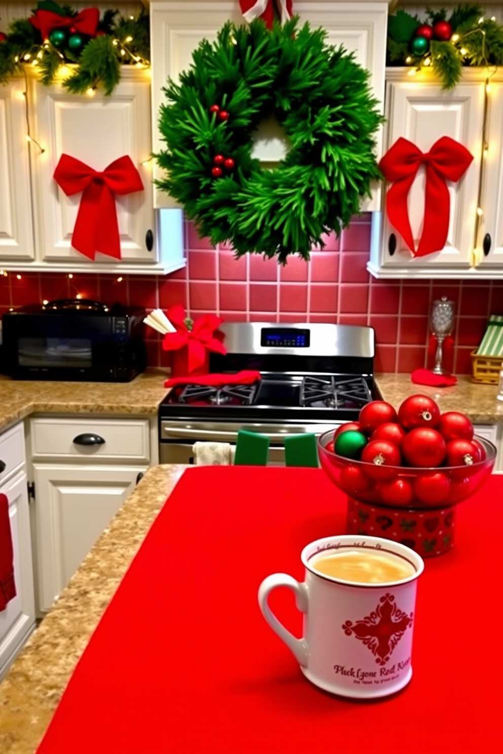 A festive kitchen adorned with red and green accents. The countertops are decorated with a vibrant red table runner, and a lush green wreath hangs above the stove, adding a cheerful holiday touch. On the island, a bowl of red and green ornaments sits next to a steaming mug of hot cocoa. Twinkling fairy lights are strung along the cabinets, casting a warm glow over the space.