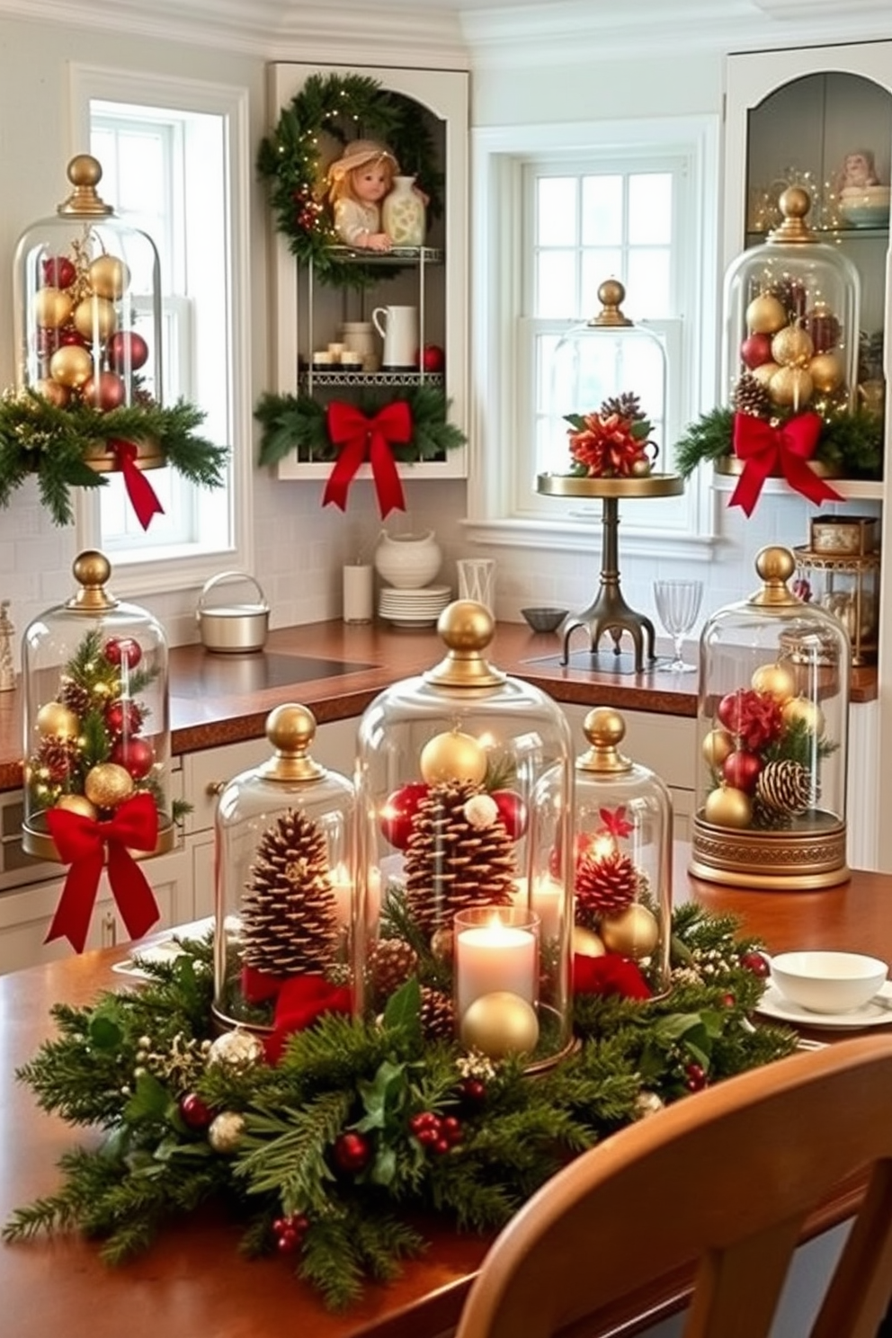 A festive kitchen adorned with glass cloches showcasing an array of seasonal decorations. Each cloche is filled with ornaments, pinecones, and twinkling fairy lights, creating a warm and inviting atmosphere. The countertops are lined with fresh greenery and holly, complementing the vibrant red and gold color scheme. A beautifully set dining table features a centerpiece of cloches, enhancing the holiday spirit with elegance and charm.