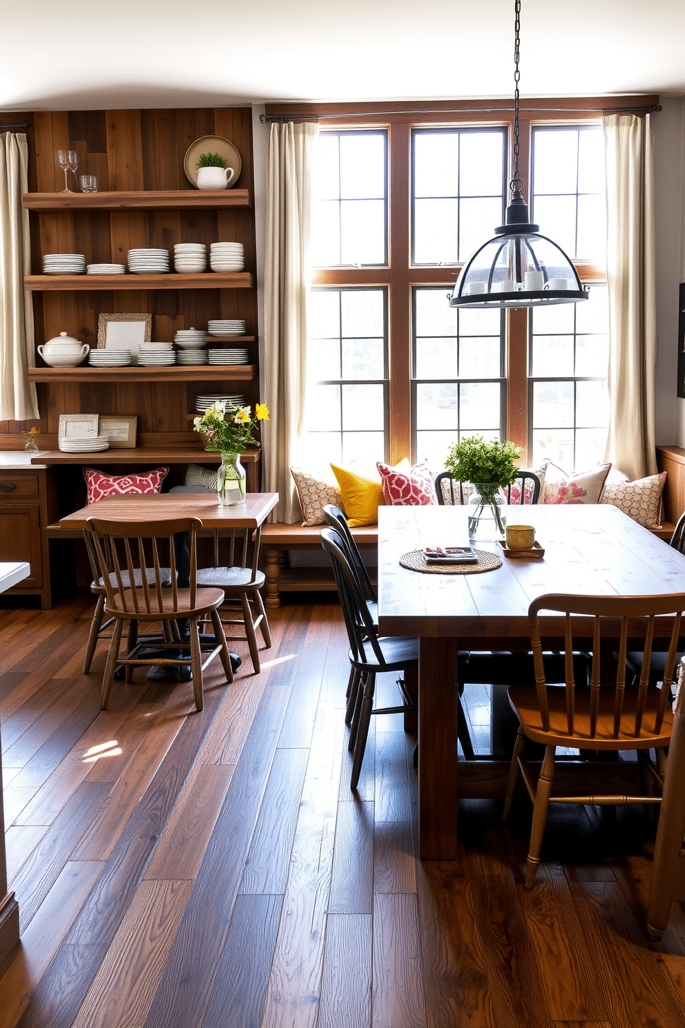 A modern farmhouse kitchen dining room featuring reclaimed wood accents throughout. The space includes a large farmhouse table surrounded by mismatched chairs, with a backdrop of open shelving displaying rustic dishware. Natural light floods the room through large windows adorned with simple linen curtains. A cozy nook with a built-in bench offers additional seating, accented by colorful throw pillows and a reclaimed wood dining bench.