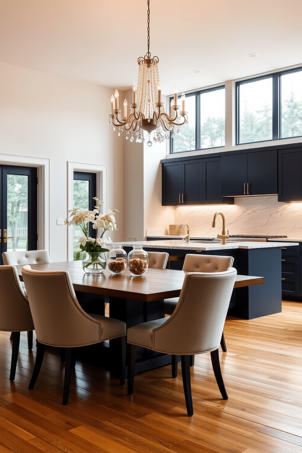 A stunning kitchen dining room features a sleek wooden dining table surrounded by plush upholstered chairs. Above the table, an elegant chandelier with crystal accents casts a warm glow, enhancing the sophisticated ambiance of the space. The kitchen area showcases modern cabinetry in a rich navy hue, complemented by brass hardware that adds a touch of luxury. Large windows allow natural light to flood the room, highlighting the beautiful marble backsplash and the polished hardwood floors.