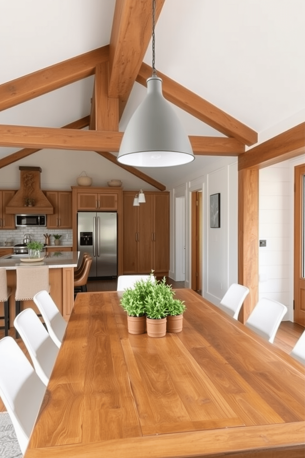 A warm and inviting kitchen dining room that blends rustic elements with modern touches. Exposed wooden beams stretch across the ceiling, while a large farmhouse table made of reclaimed wood is surrounded by sleek, contemporary chairs. The walls are adorned with a mix of shiplap and smooth paint, creating a harmonious balance between old and new. A modern pendant light fixture hangs above the table, illuminating a centerpiece of fresh herbs in rustic pots.