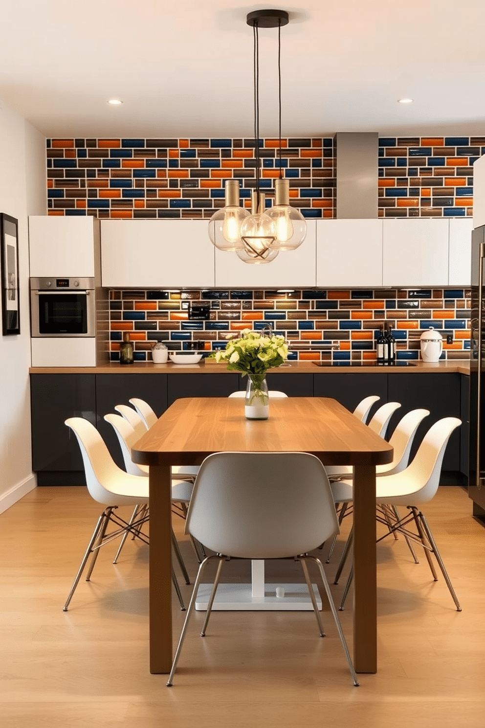 Bright tiles as a backsplash feature, creating a vibrant focal point in the kitchen. The dining area includes a sleek wooden table surrounded by modern chairs, with pendant lighting hanging above for a warm ambiance.