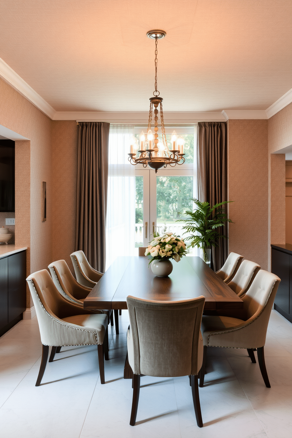 Textured wallpaper in soft taupe adds depth and warmth to the kitchen dining room. A sleek wooden dining table is surrounded by upholstered chairs, creating a cozy yet elegant atmosphere. Natural light floods the space through large windows adorned with sheer curtains. A statement chandelier hangs above the table, enhancing the room's sophistication and inviting ambiance.