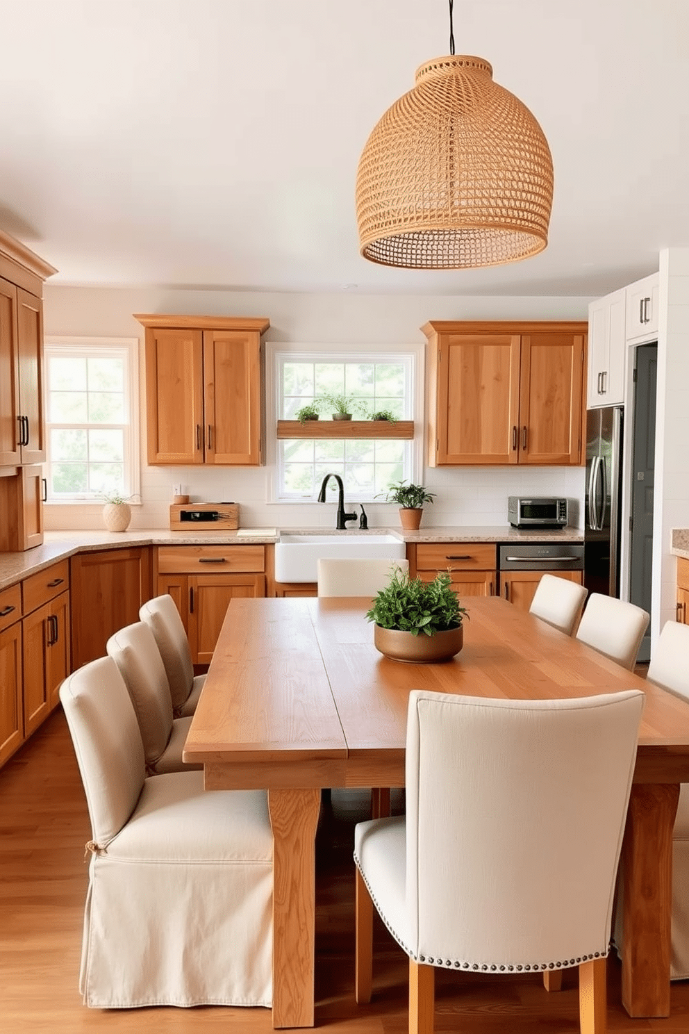 A cozy kitchen dining room featuring natural wood tones throughout. The centerpiece is a large wooden dining table surrounded by comfortable upholstered chairs, complemented by pendant lighting made of woven rattan. The cabinetry is a warm oak finish, harmonizing with the light-colored walls. A stylish farmhouse sink sits beneath a window, adorned with potted herbs for a touch of greenery.