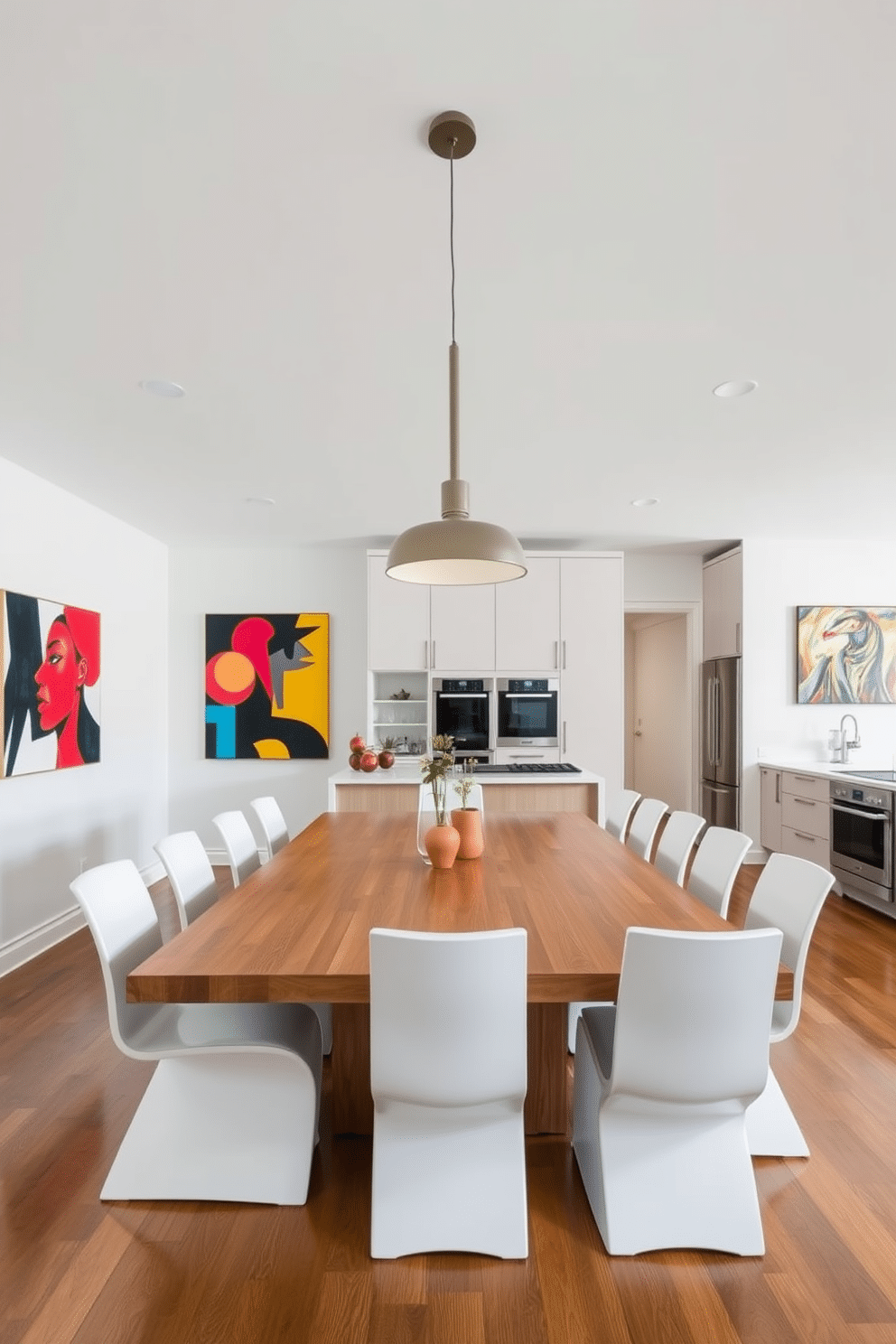 A contemporary dining room featuring a large wooden table with sleek, modern chairs surrounding it. On the walls, vibrant contemporary art pieces serve as focal points, adding color and personality to the space. The kitchen showcases an open layout with high-end appliances integrated seamlessly into minimalist cabinetry. A stylish pendant light hangs above the dining area, creating an inviting atmosphere for both cooking and entertaining.