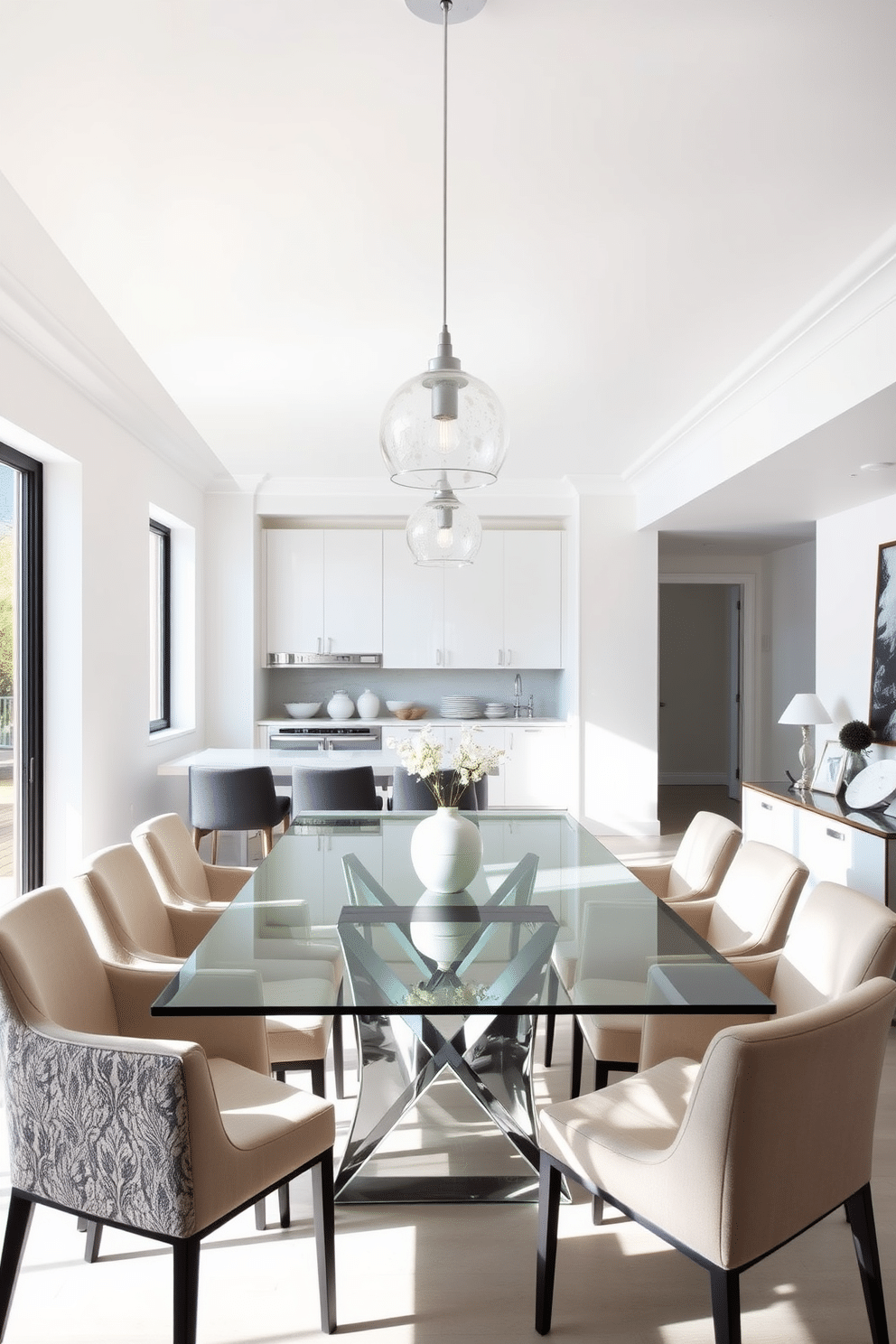 A modern kitchen dining room featuring a sleek glass dining table surrounded by comfortable upholstered chairs. The space is illuminated by pendant lights that hang gracefully above the table, creating an inviting atmosphere. The walls are painted in a soft white, enhancing the airy feel of the room, while large windows allow natural light to flood in. A stylish sideboard against one wall provides additional storage and serves as a decorative display for elegant dinnerware.